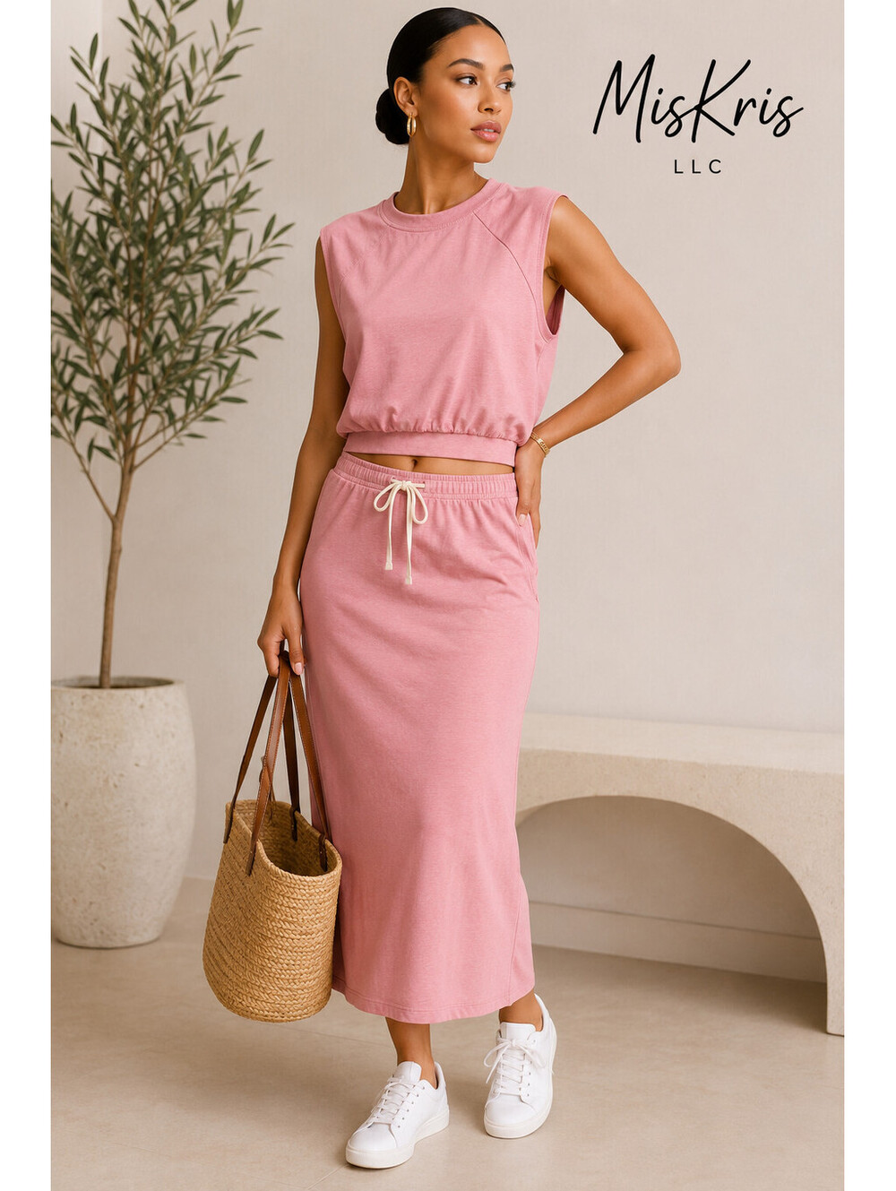 TheMogan Pink 2 Piece Skirt Set Medium Sleeveless Crop Top Midi Skirt NWOT